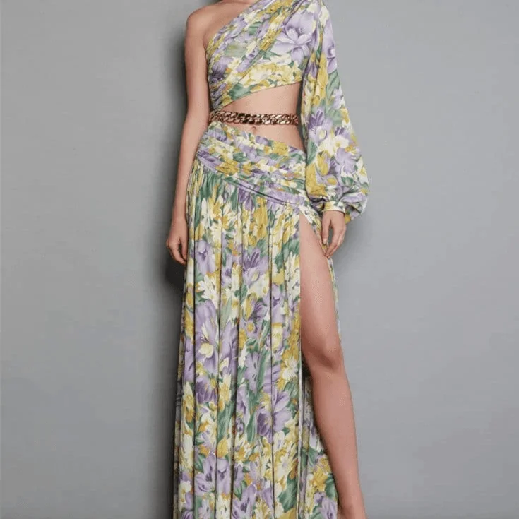 Massive Deals sleeveless dressKittenAlarm - Krissy One Shoulder Chain Embellishment Floral Maxi Dress