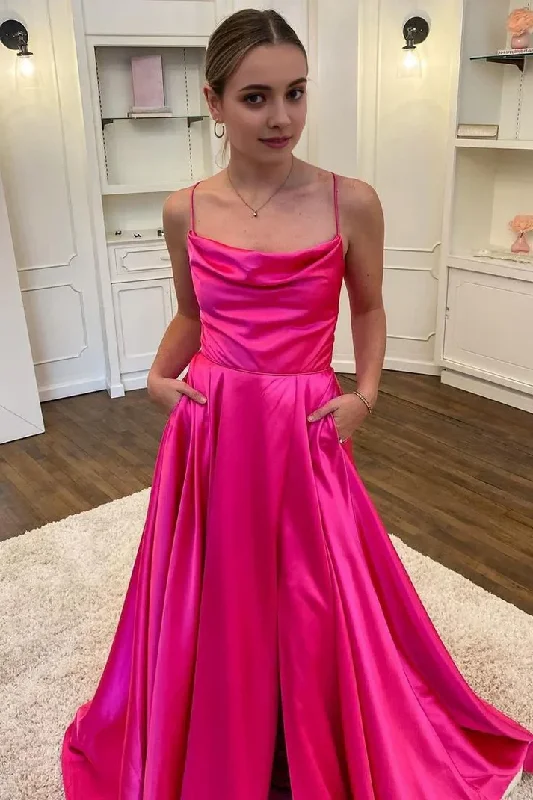 Lowest Price satin midi dressHot Pink Scoop Neck Satin A-Line Long Party Dress with Slit, DP2622