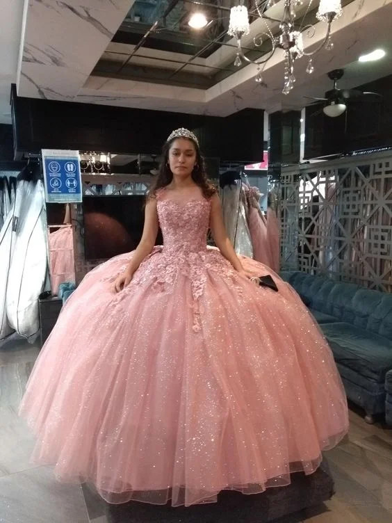 vintage-inspired dressGlitter Pink Tulle Appliques Ball Gown , Sweet 16 Dress , Pink Quinceanera Dress Y750