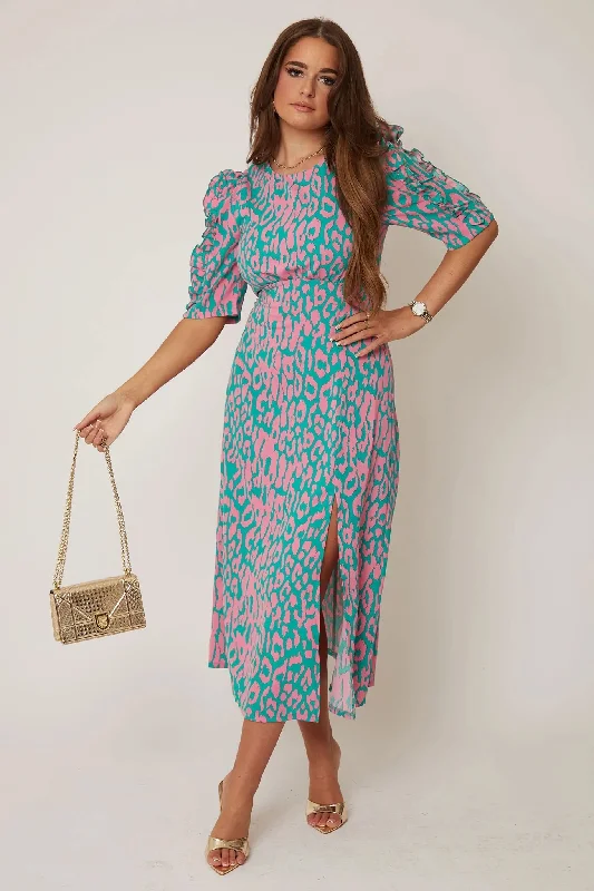 Savings Bonanza floral wrap dressEmilie Pink and Turquoise Print Frill Sleeve Midi Dress