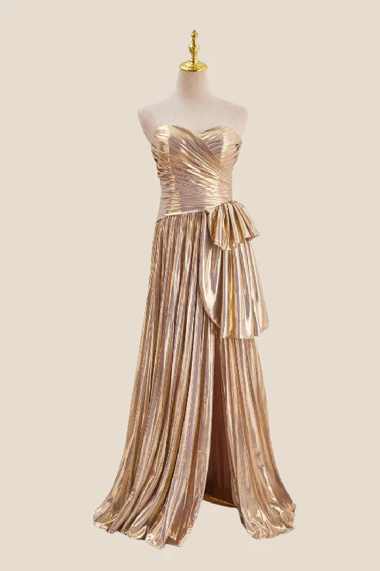 winter dressStrapless Gold Pleated Metallic Long Dress