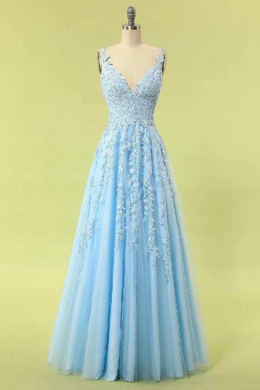 lace dressBlue Lace Appliques A-line Long Formal Dress