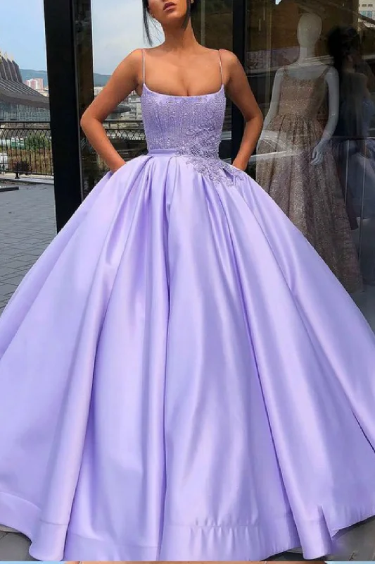 New Markdowns Purple Ball Gown Spaghetti Straps Satin Sweet 16 Dress With Pocket, Quinceanera Dress NA5004