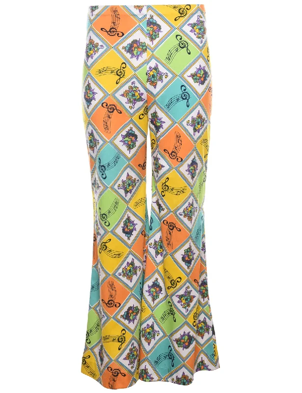 trendy jacketFloral & Argyle Print 1970s Multi-Colour Flared Trousers - W28 L30