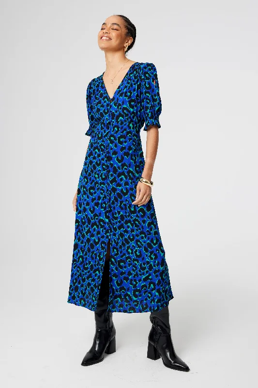 Blowout Deals casual dressBlue with Green and Black Shadow Leopard Flute Sleeve Midi Tea Dress