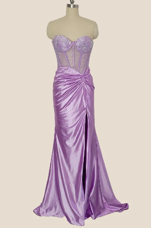 comfy dressSweetheart Lilac Beaded Ruched Mermaid Long Dress