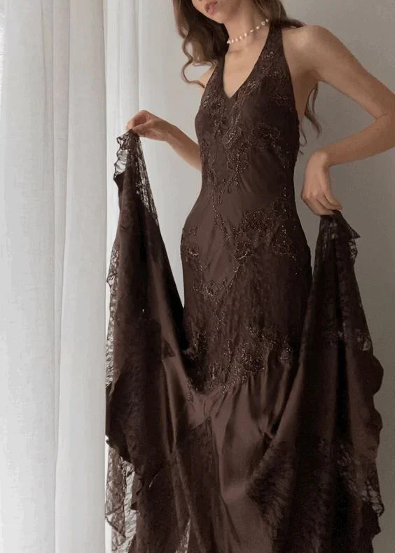 Special Price chic slip dressVintage Halter Party Dress Brown Lace Evening Dress, DP2279 Special Price chic slip dressVintage Halter Party Dress Brown Lace Evening Dress, DP2279