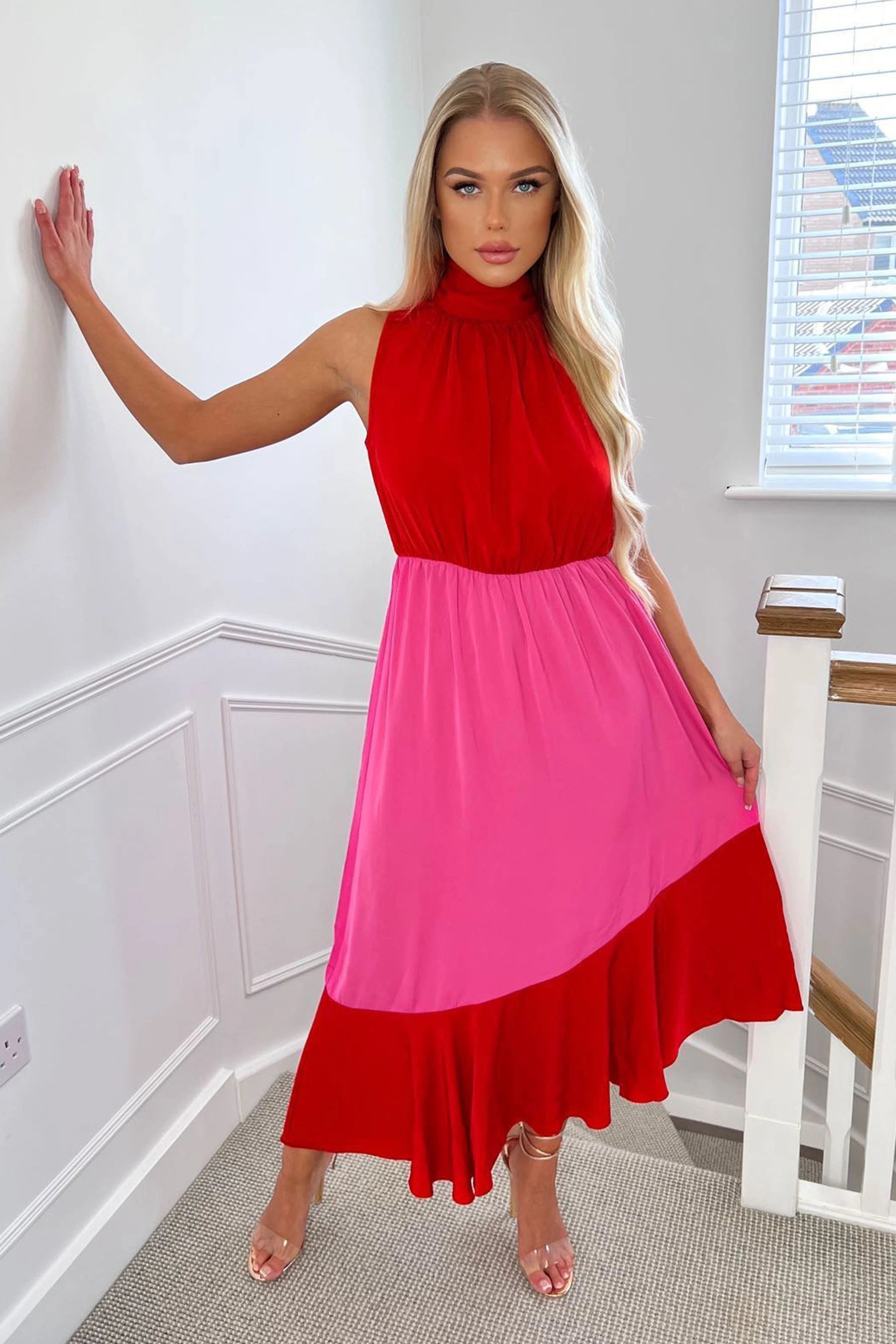 Time-Limited Offer layered dressYvette Red and Pink High Neck Tiered Midi Dress