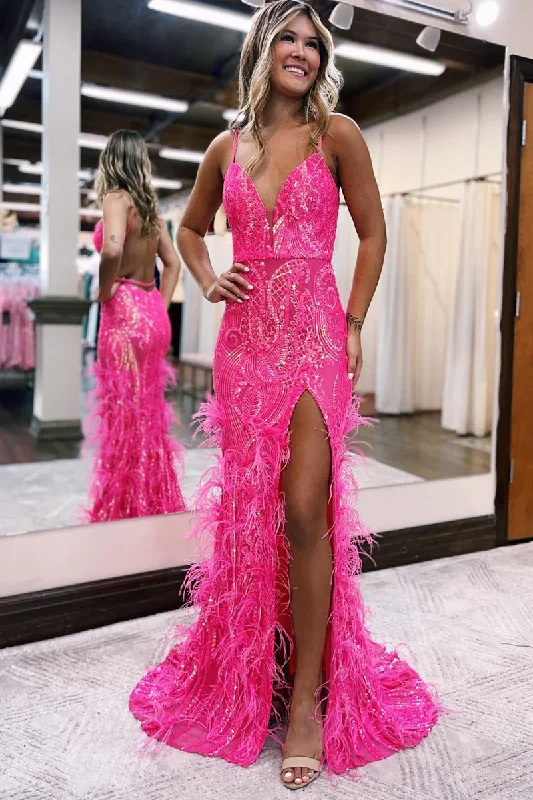 Time-Limited Offer casual evening dressHot Pink Sequined V Neck Feather Long Prom Dress with Slit,DP1751