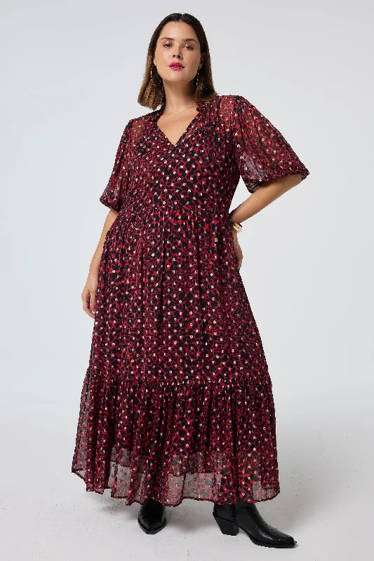 Great Deals printed dressRed with Black and Gold Foil Chiffon Tiered Maxi Dress