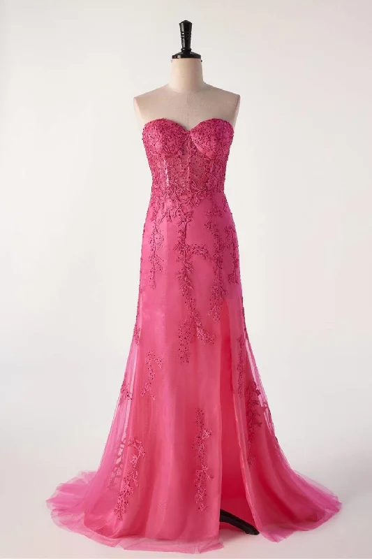 flowy evening dressHot Pink Lace Appliques Mermaid Long Formal Gown