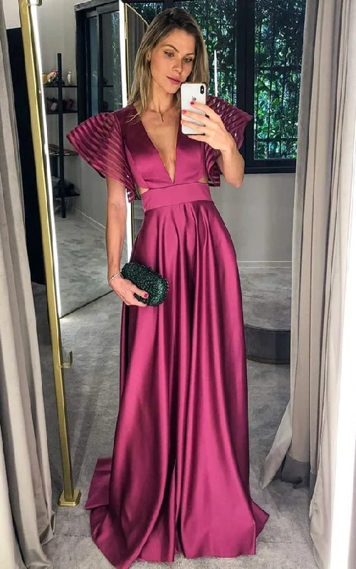 flowy dressDeep V Neck Satin Long Prom Dress With Trumpet Sleeve,Elegant Prom Gown Y718