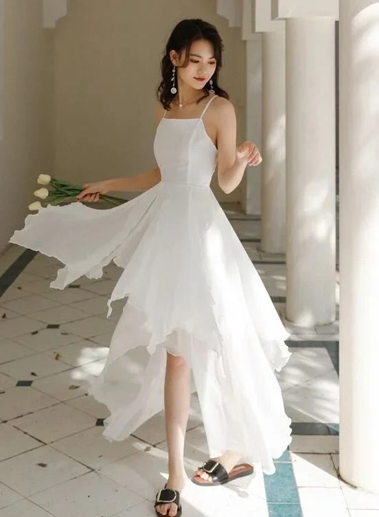 floral dressWhite Chiffon High Low Chic Simple Wedding Party Dress, White Short Prom Dress Graduation Dress Y985