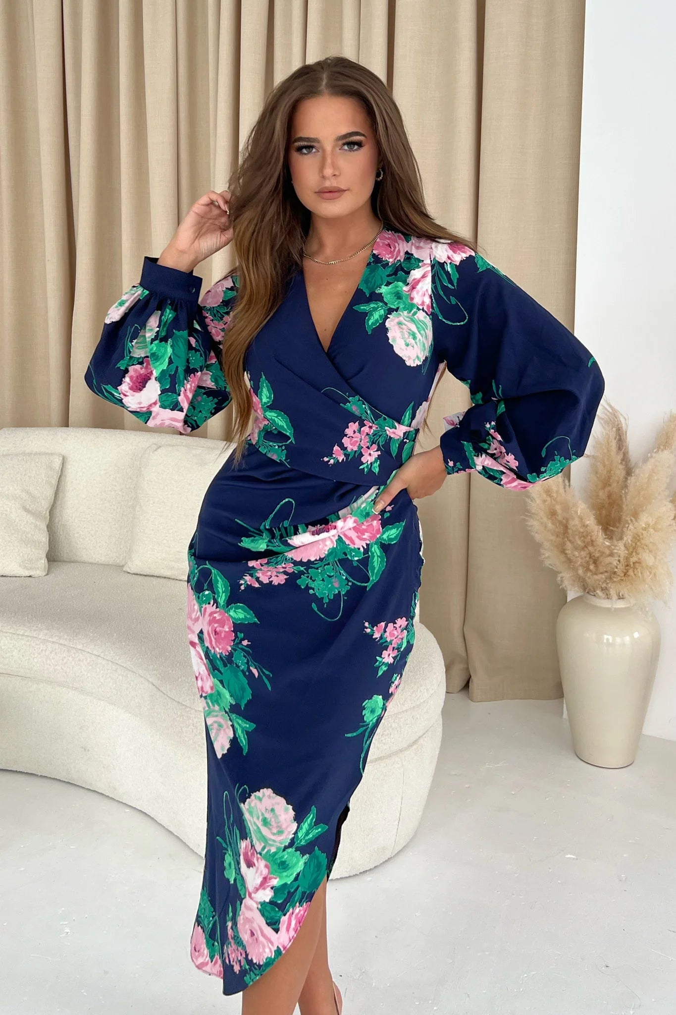 Seasonal Sale vintage dressAlexa Navy Pink Floral Asymmetric Long Sleeve Dress
