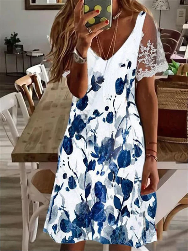 Mega Sale sleek dressPrinted V-Neck Lace Sleeve Dress