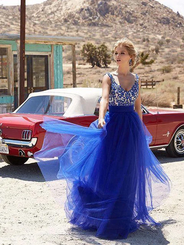 Inventory Reduction royal blue prom dresses A-line Straps Floor-length Tulle Prom Dress/Evening Dress #MK075
