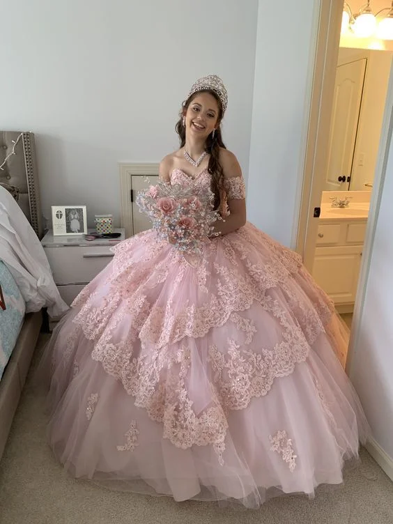 cocktail dressPink Tulle Lace Ball Gown Sweet 16 Dress Y823