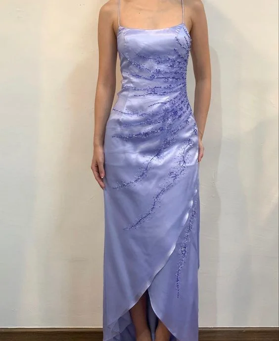 Shop and Save party dressLilac Spaghetti Straps Beading Satin Vintage Long Party Dress, DP2500