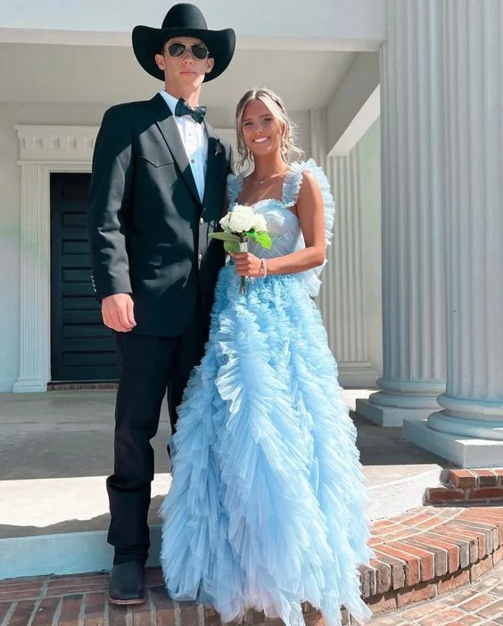 wool dressElegant A-line Light Blue Tulle Prom Dress,Graduation Dress Y975