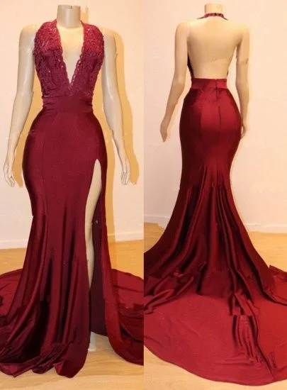 chic slip dressBurgundy V-Neck Mermaid Prom Dress Slit With Appliques Y506