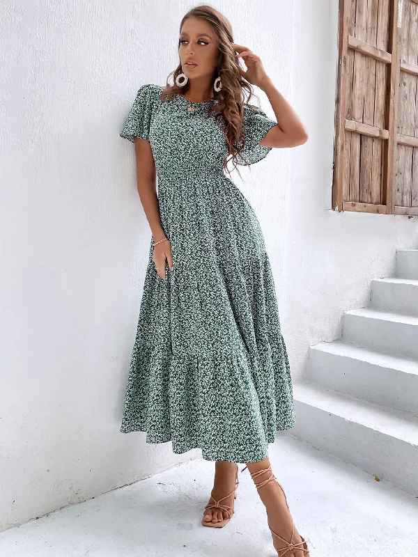Mega Deal ruffle dressKittenAlarm - Ditsy Floral Print Shirred Waist Ruffle Hem Dress