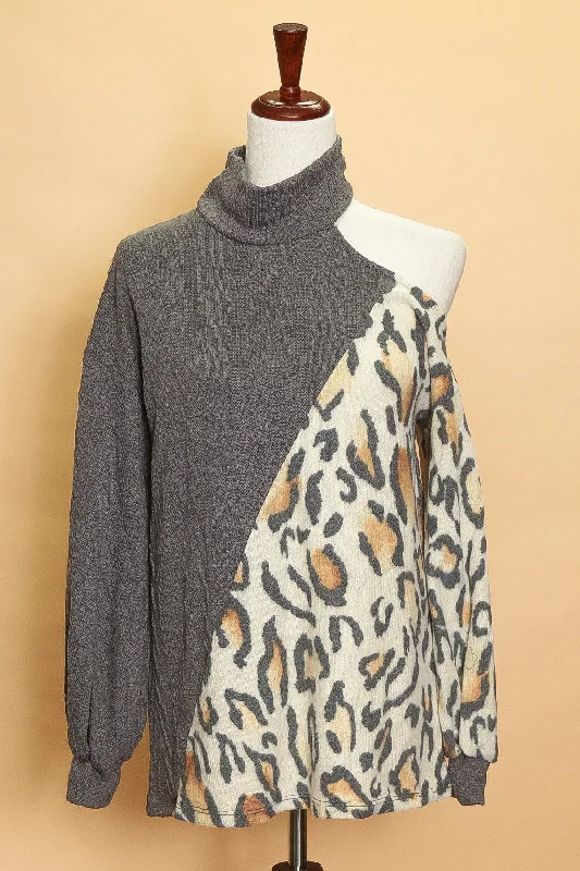 Weekend Flash Sale Grey Animal Turtleneck Off Shoulder Sweater (4pc)