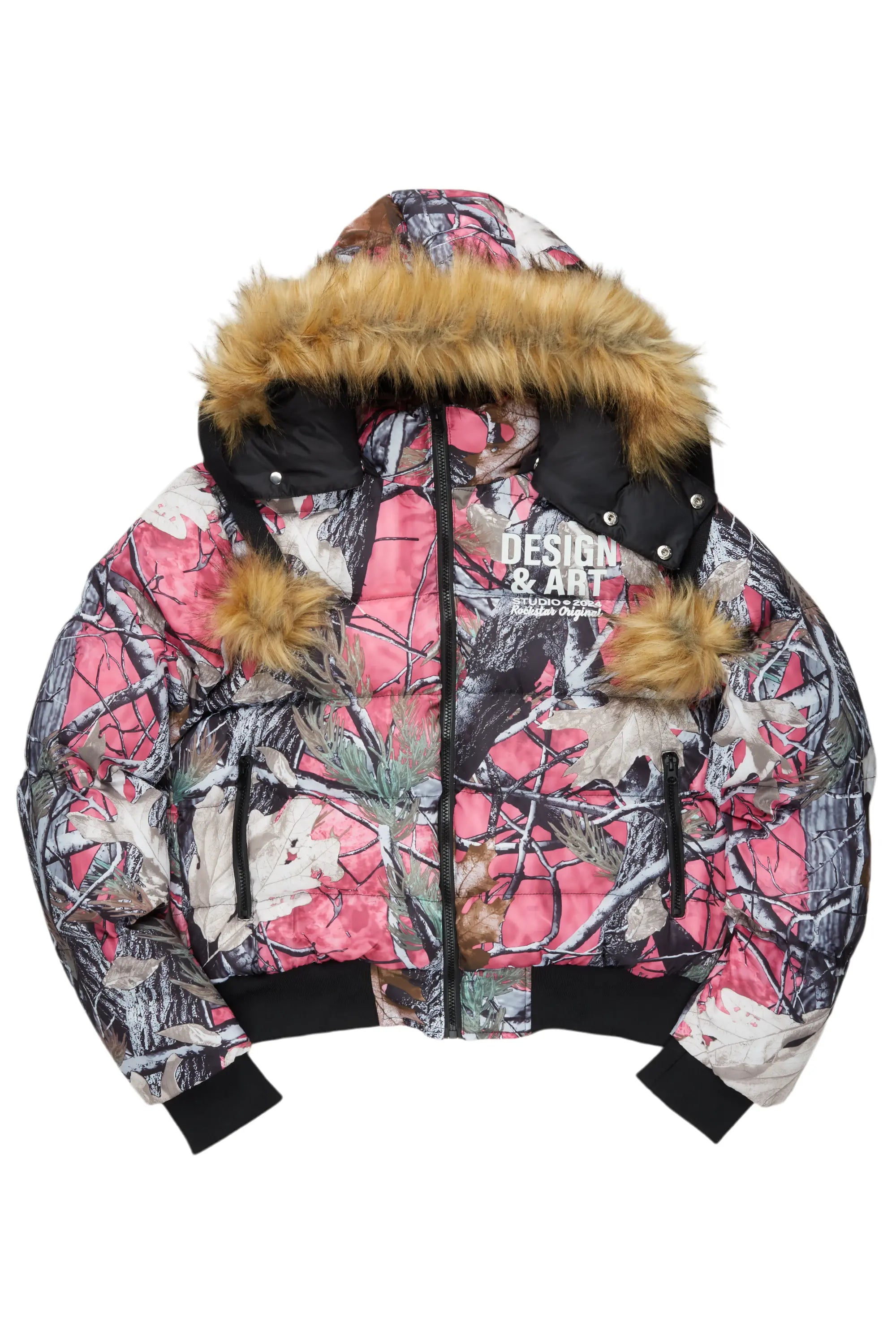 Shop and Save Benita Pink Tree Camo Puffer Jacket