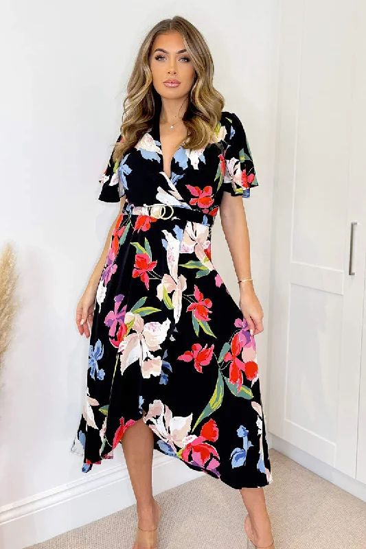 Bonus Savings sophisticated dressWillow Black Floral Multi Print Belted Midi Dress