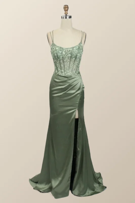 chic wrap dressSage Green Lace Appliques Mermaid Long Formal Dress