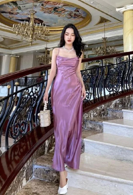 romantic dressSimple Straps Purple Stain Long Prom Dresses Y1344