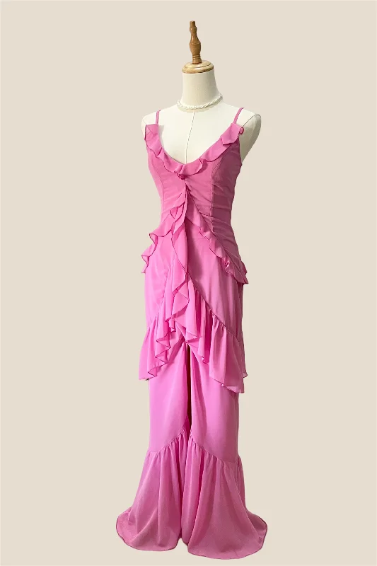 summer dressV-neck Pink Ruffle Hem Long Dress with Slit