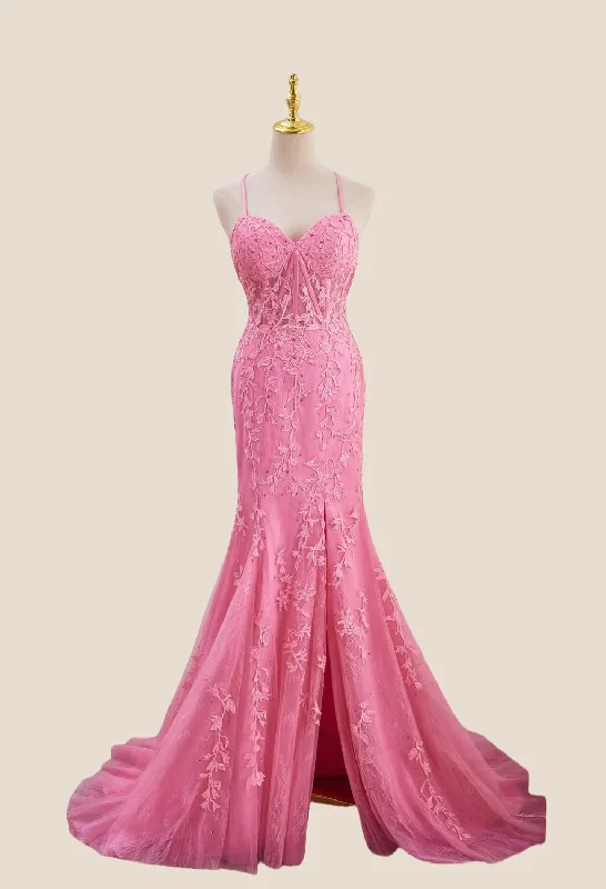 satin dressStraps Hot Pink Lace Mermaid Long Prom Dress