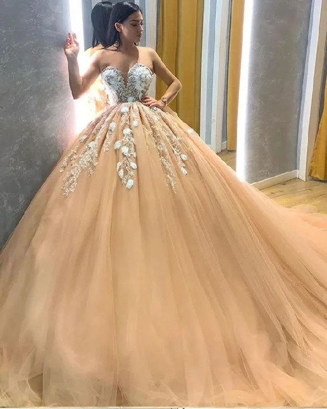 statement dressLace Applique Bodice Champagne Sweetheart Pleated Tulle Long Ball Dress Custom Size Y602