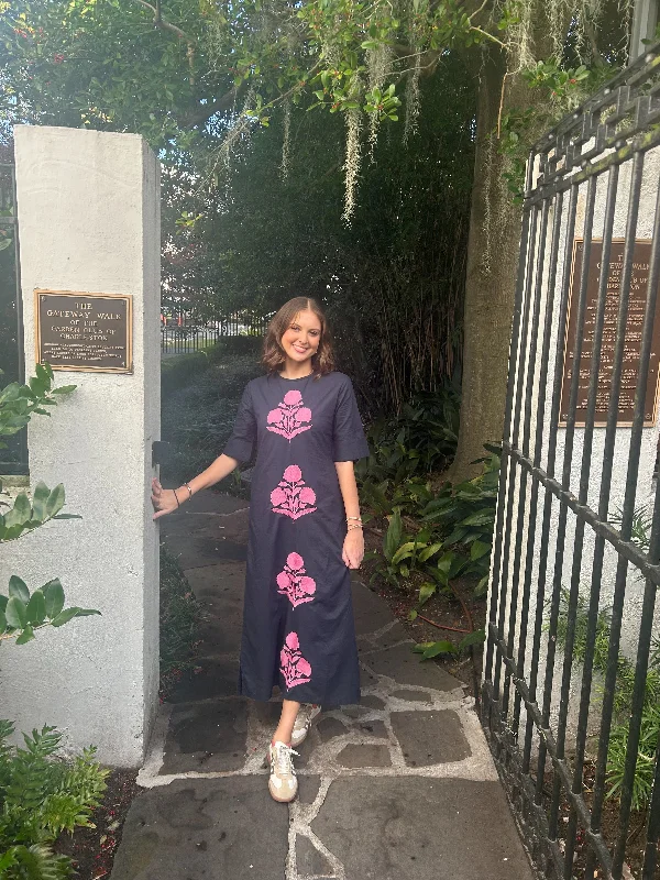 New Markdowns Anne Maxi Dress Cuff Sleeve Navy with Pink
