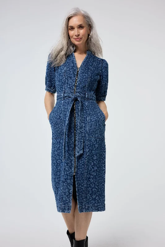 Time-Limited Offer classic fit-and-flare dressAuthentic Indigo Leopard Zip Detail Midi Denim Dress