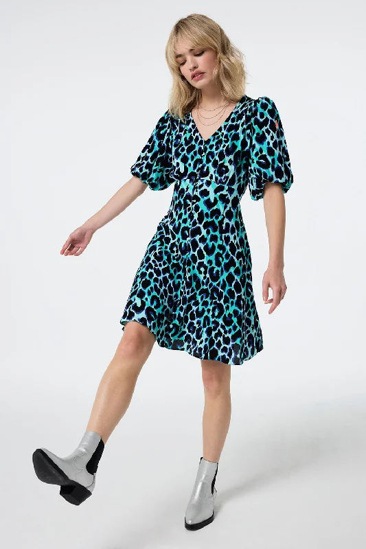 Closeout oversized dressTurquoise with Black and Blue Shadow Leopard Puff Sleeve Short Tea Dress