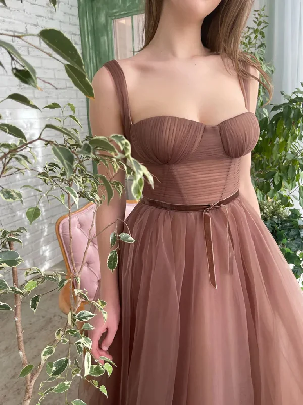 fitted dressBrown Tea Length Prom Dresses, Tea Length Brown Formal Homecoming Dresses Y228