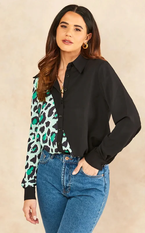 Deal Frenzy elegant dressHilda Black and Green Animal Print Oversized Shirt