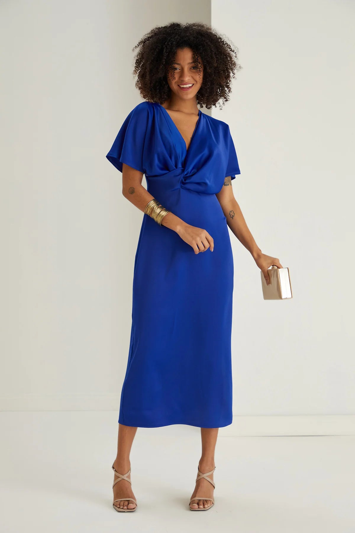 Members Only elegant evening dressFarra Cobalt Blue Twist Detail Satin Midi Dress