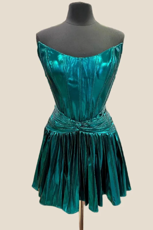 elegant dressStrapless Blue Metallic Pleated A-line Short Dress