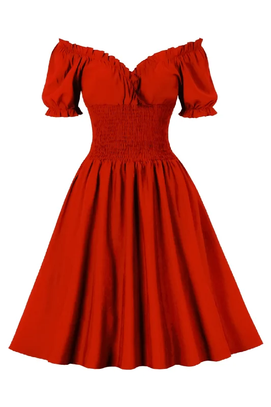 silk dressRed Smoked Wasit Off the Shoulder Dress