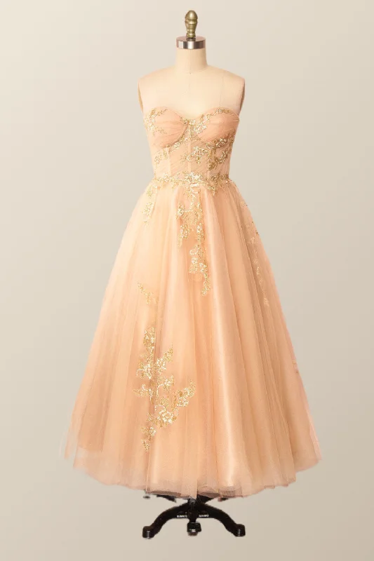 trendy dressSweetheart Champagne Tulle Tea Length Dress with Gold Sequins