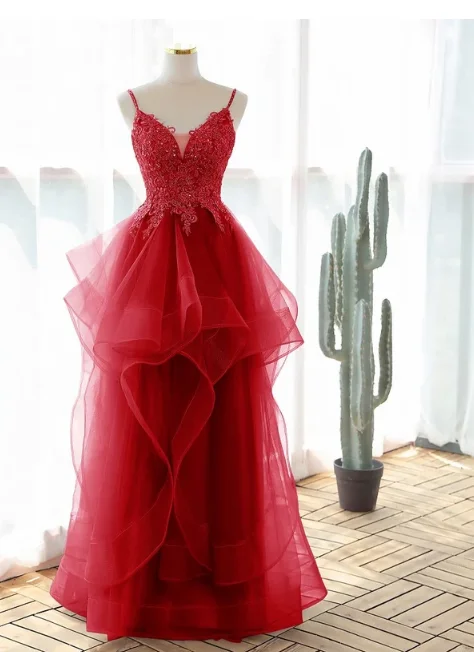 Amazing Deals silk dressRed Spaghetti Straps A-Line Tulle Appliques Formal Prom Dress, DP2252