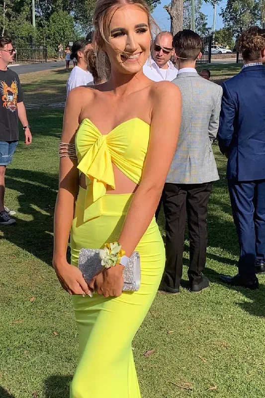 draped dressTwo Piece Sweetheart Mermaid Yellow Prom Dress Y491