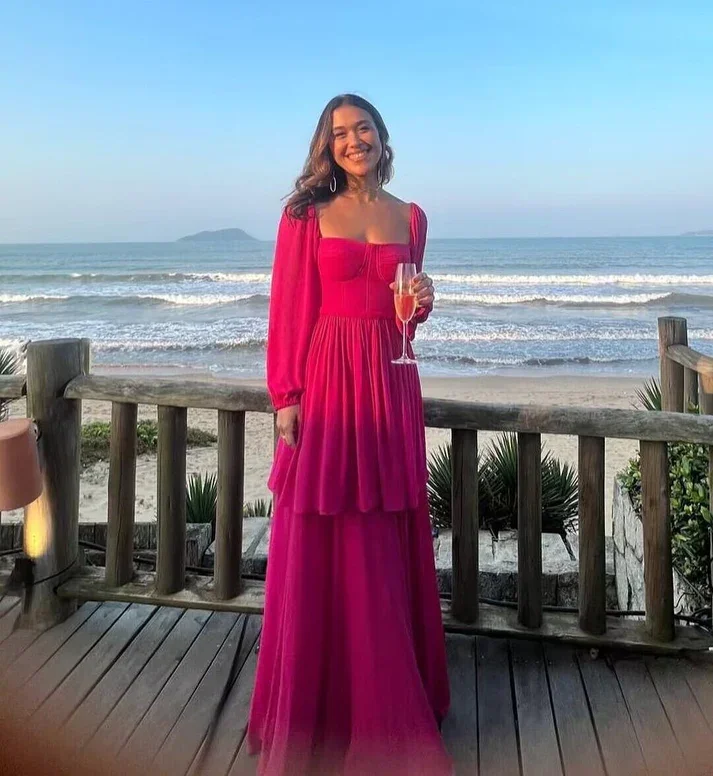 Super Deal off-shoulder dressLong Sleeves A-Line Rose Red Formal Party Dress, DP2436 Super Deal off-shoulder dressLong Sleeves A-Line Rose Red Formal Party Dress, DP2436