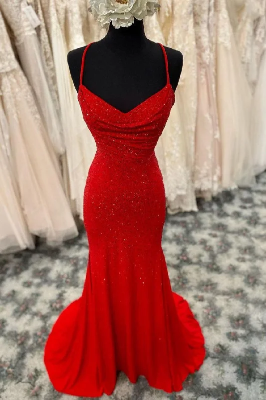 casual slip dressMermaid Long Red Prom Dress with Rhinestones Y280