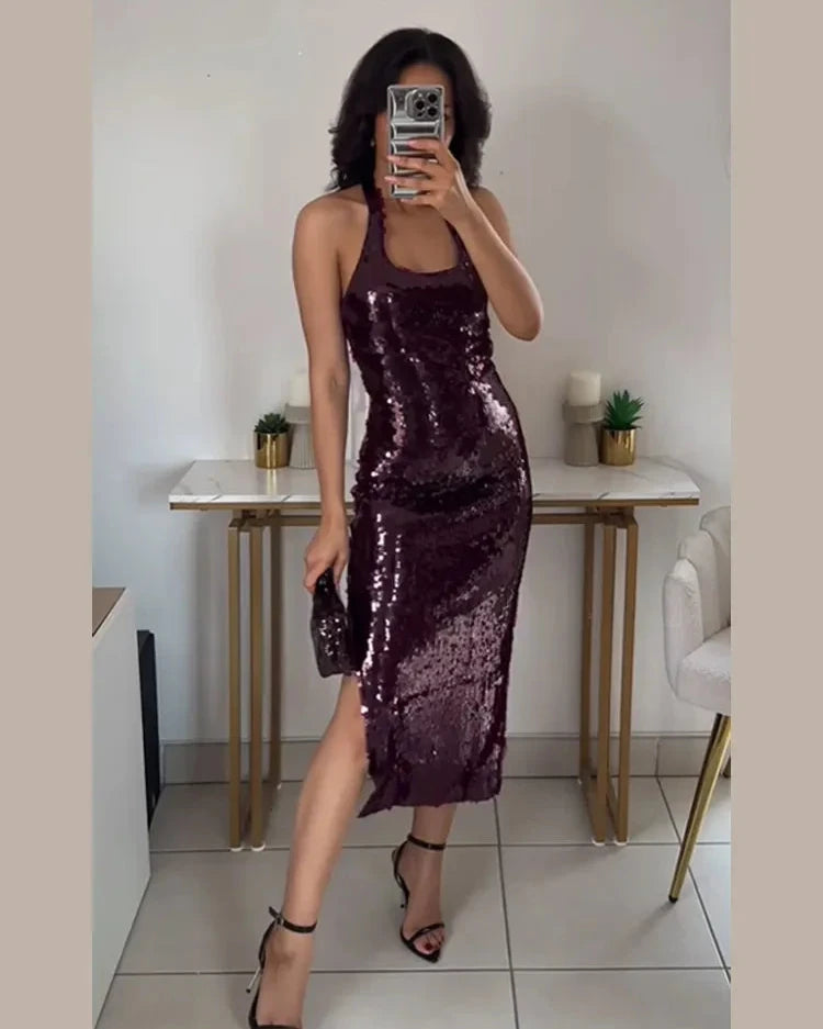 Discount Extravaganza sleek midi dressHelena - Sequin halter neck dress