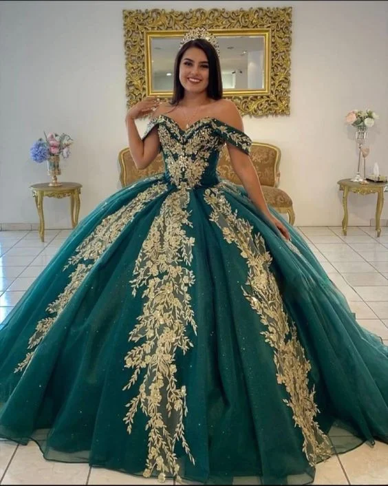 flowy evening dressDark Green Sweet 15 Quinceanera Dresses with Gold Applique Sequin Ball Gown Sweep Train Y962