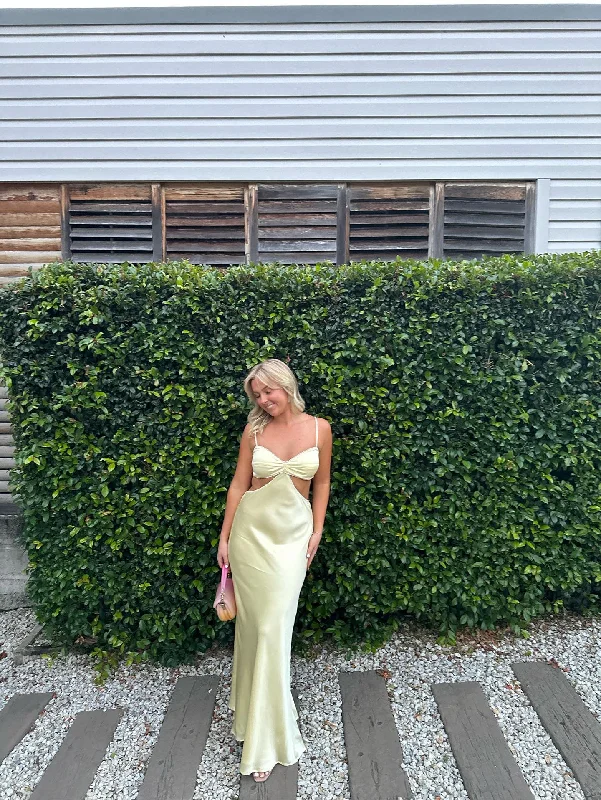 Sneak Peek Sale stylish dressLight Yellow Backless Satin Party Dress Wedding Guest Dress, DP2492 Sneak Peek Sale stylish dressLight Yellow Backless Satin Party Dress Wedding Guest Dress, DP2492