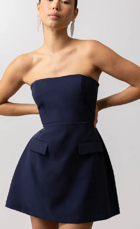 Final Markdown off-the-shoulder dressBlue Strapless Mini Dress by Line and Dot